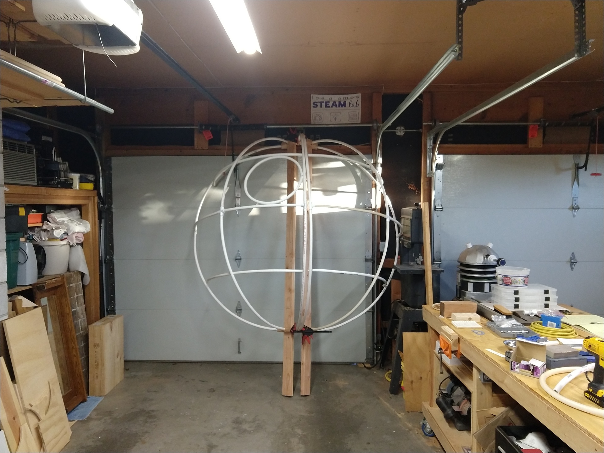 Half of the frame constructed and on display in the garage